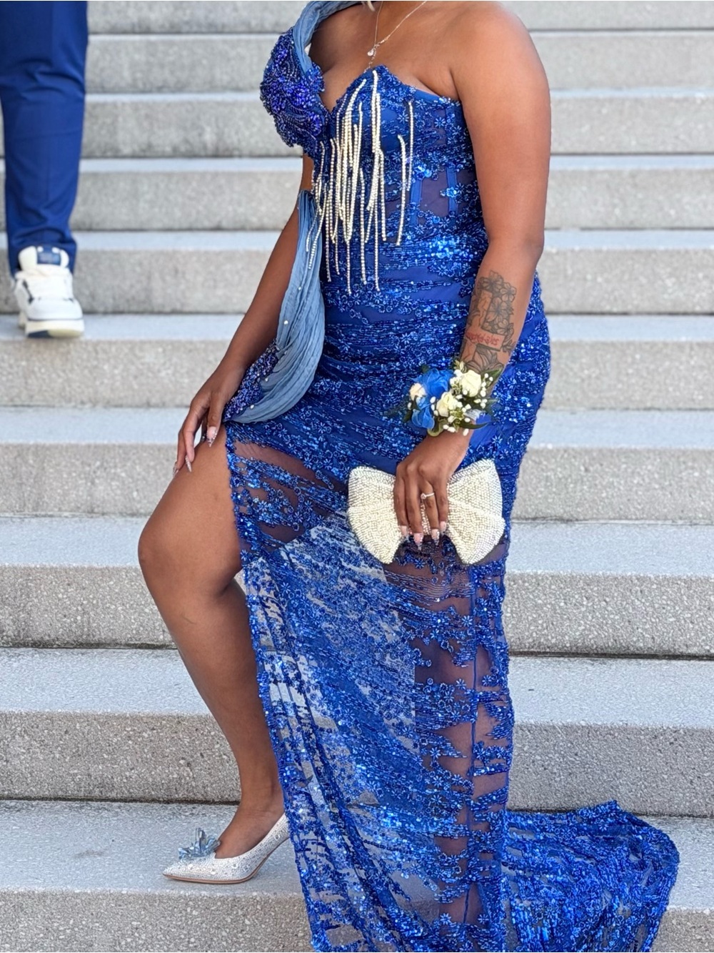 Elegant One-Shoulder Sequin Gown in Royal Blue - Picture 2 of 3